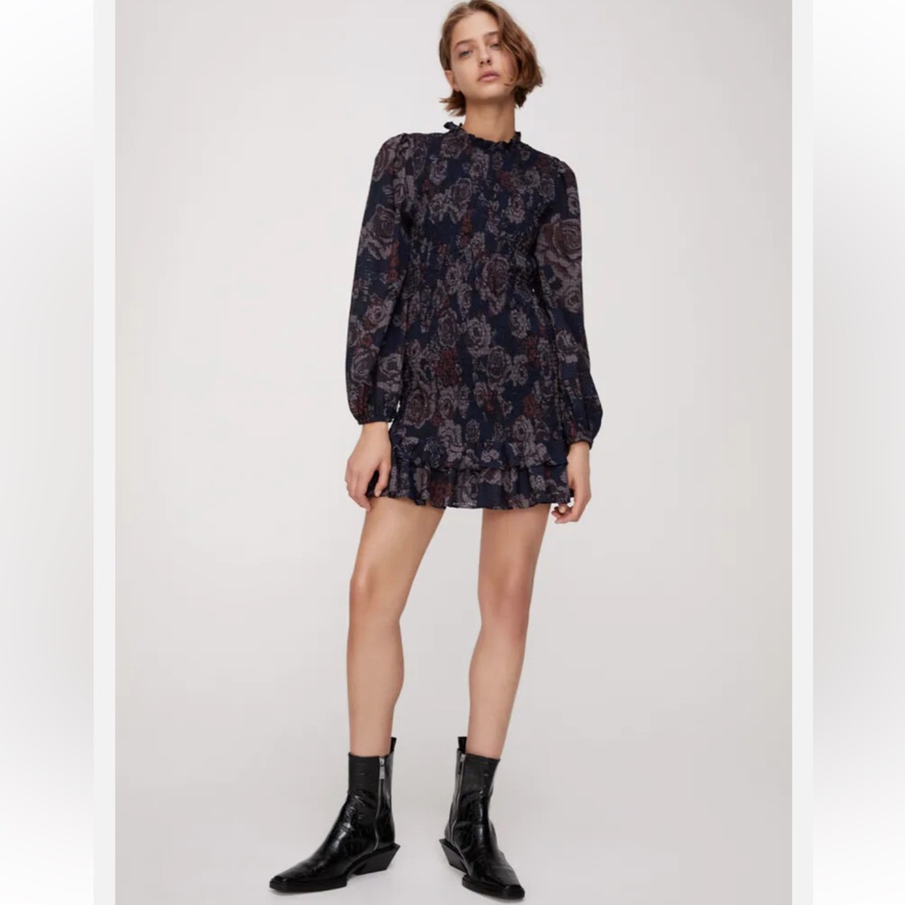 Zara Navy and Gray Floral Long Sleeve Mini Dress
